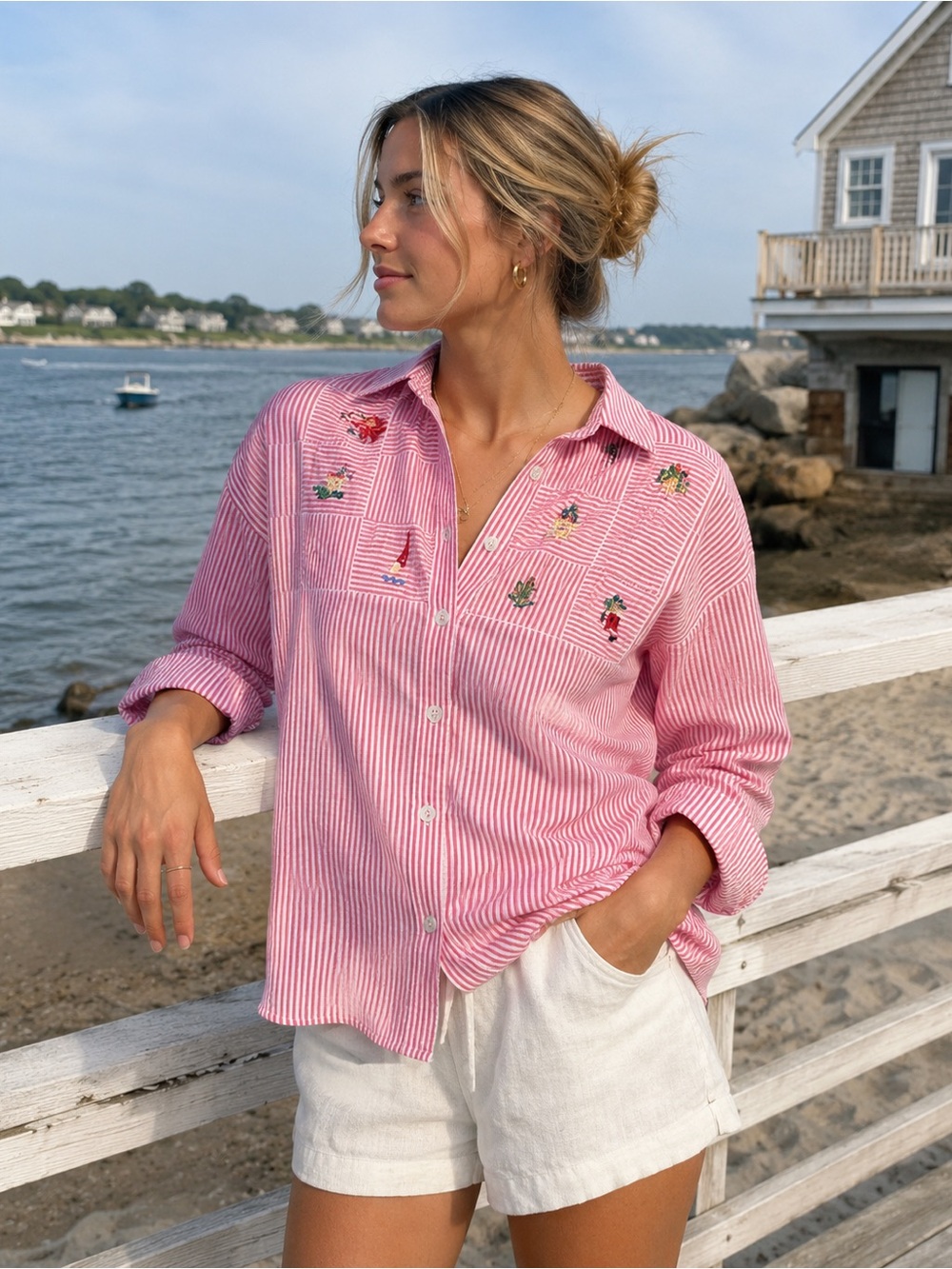 Koret Pink Striped Cotton Tropical Beach Embroidered Button-Down Shirt